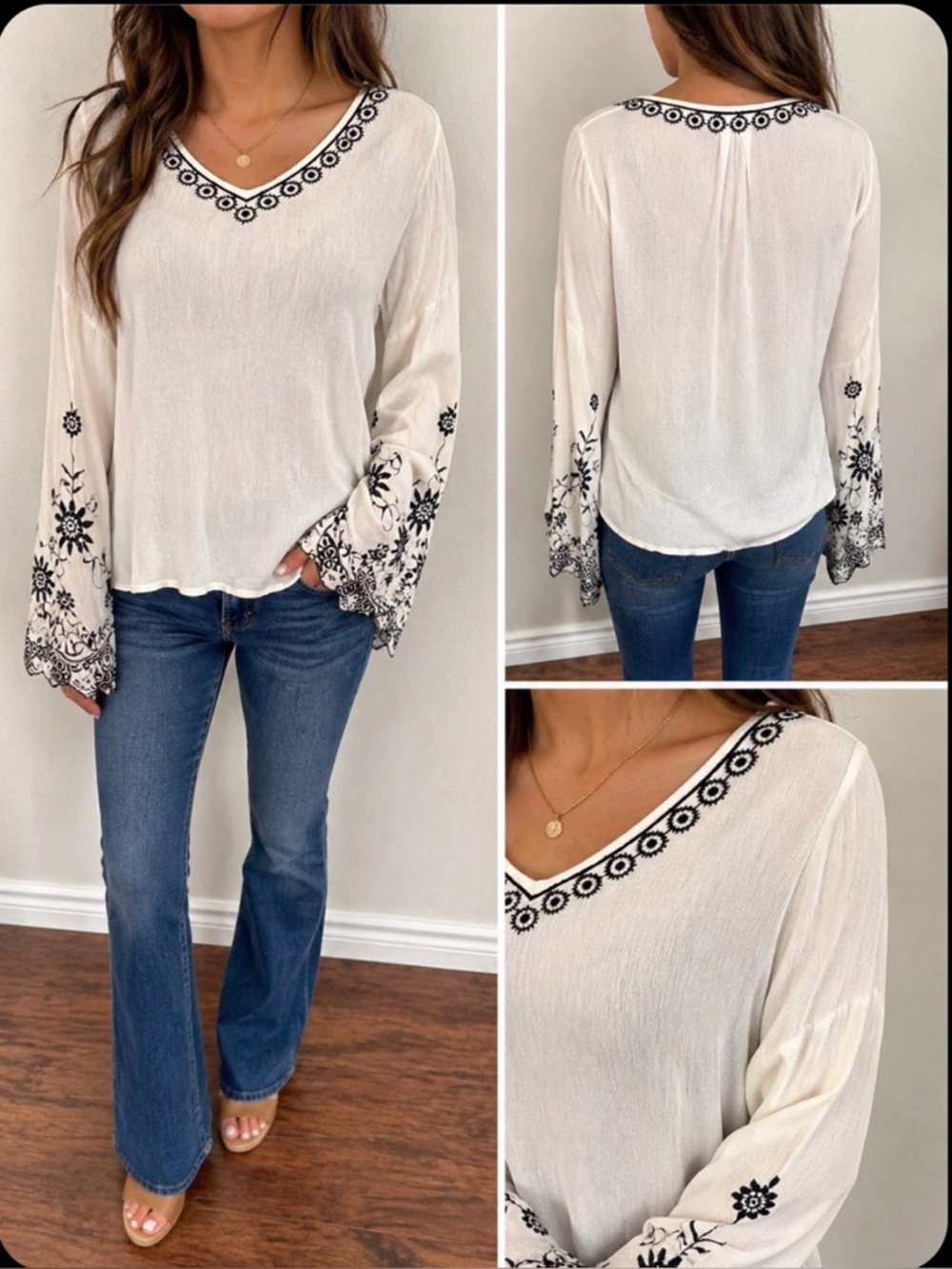 305  V Christina Embroidered V-Neck White Women's Top. SzM